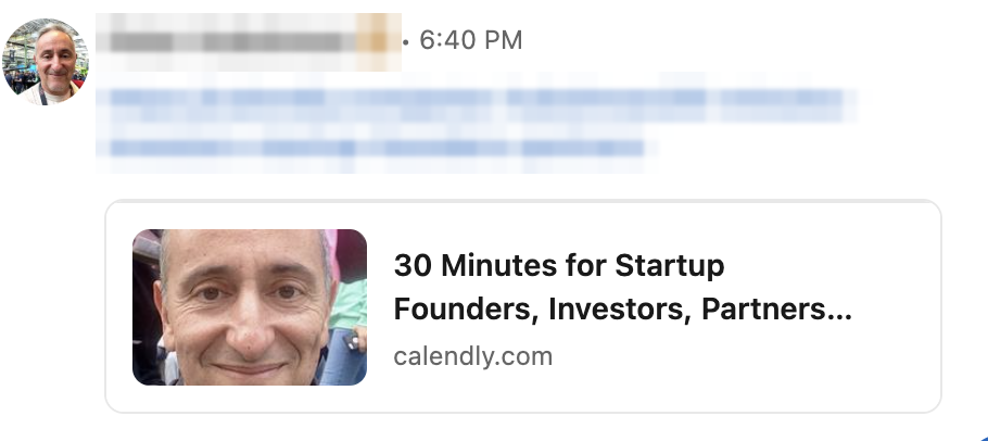 LinkedIn DM reply suggesting a quick 20 minute call with a booking link, name and link blurred